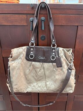 Coach Khaki and Brown Signature Shoulder Bag